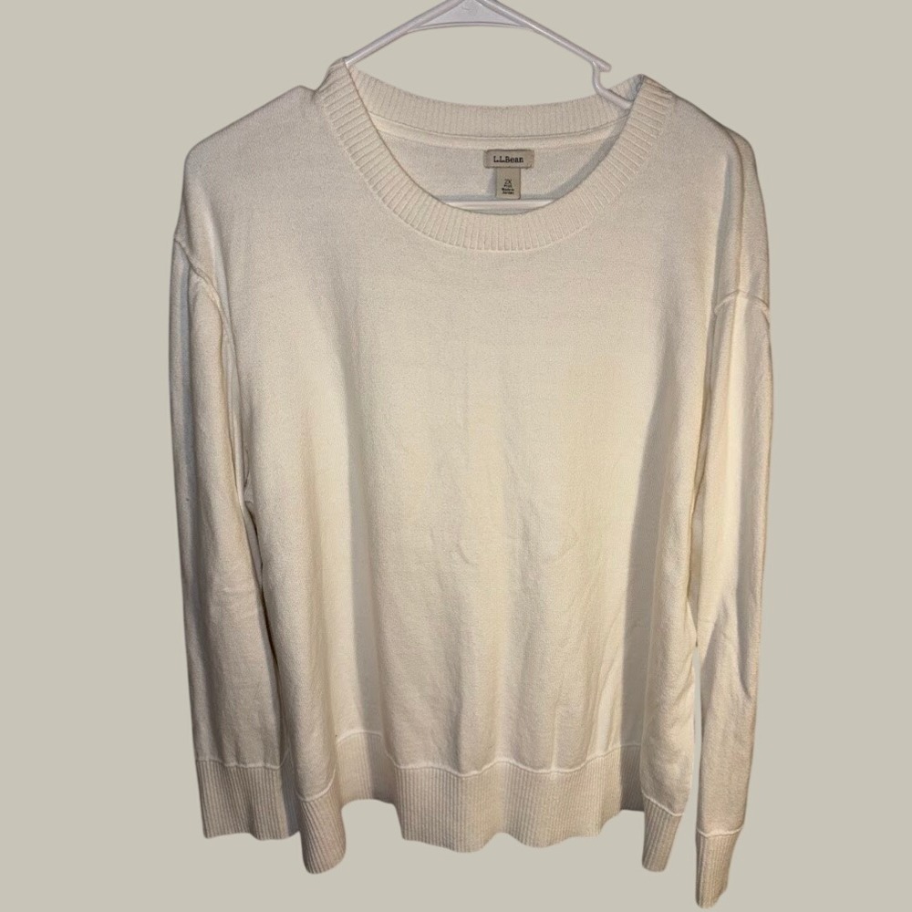 LL Bean Womens 2X Plus Cream White Crewneck Long Sleeve Knit Pullover Sweater